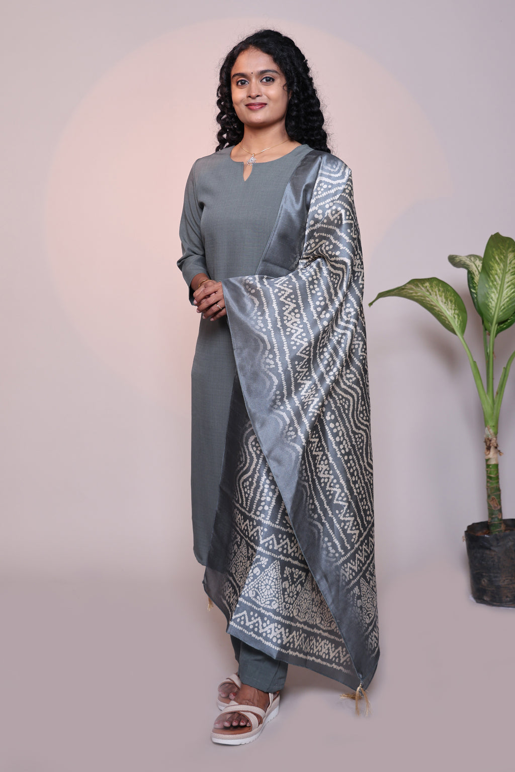 Grey plain 3/4 slevee salwar suit with matching pant and floral printed dupatta