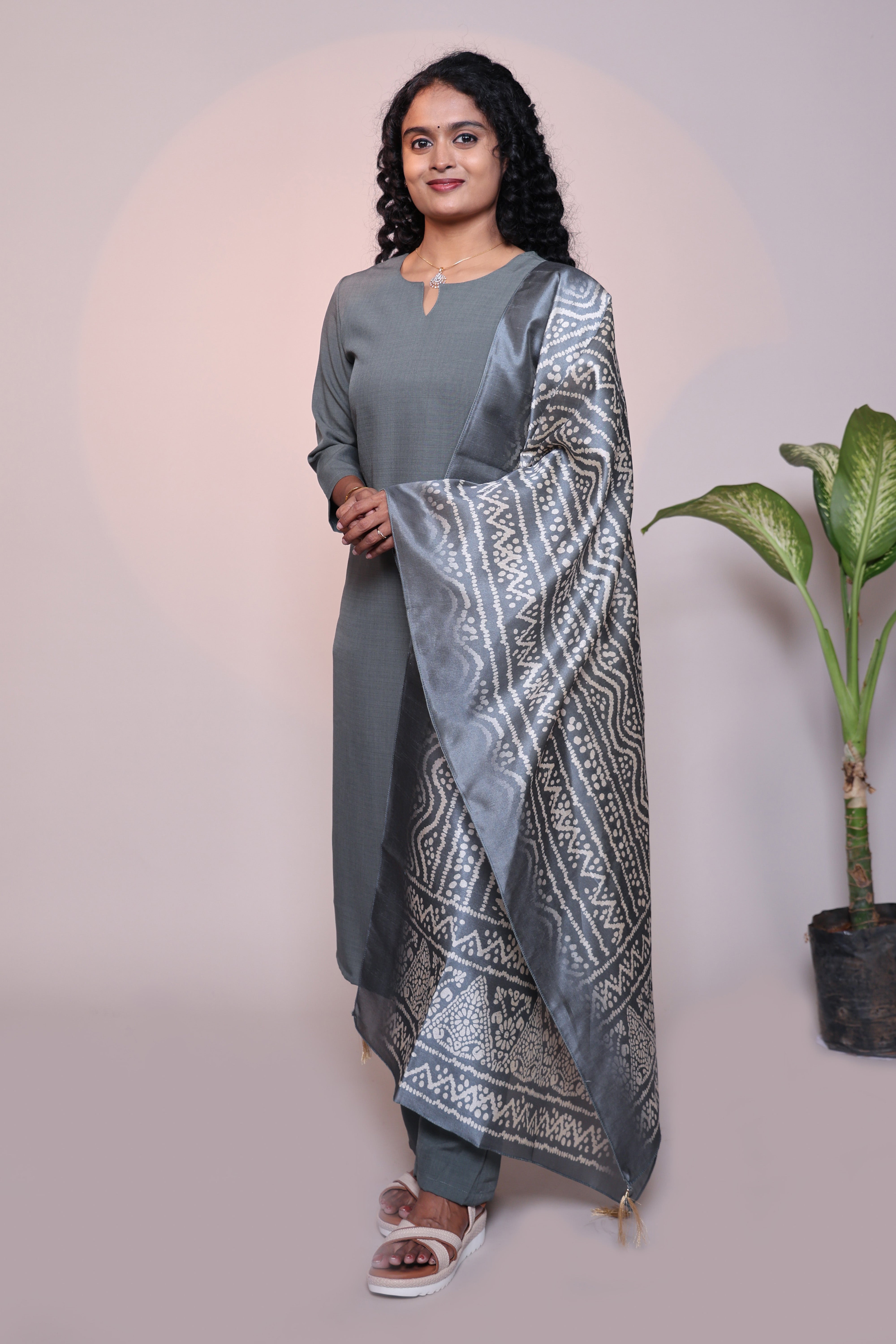 Grey plain 3/4 slevee salwar suit with matching pant and floral printed dupatta