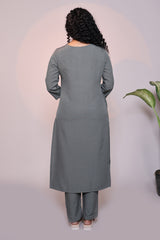 Grey plain 3/4 slevee salwar suit with matching pant and floral printed dupatta