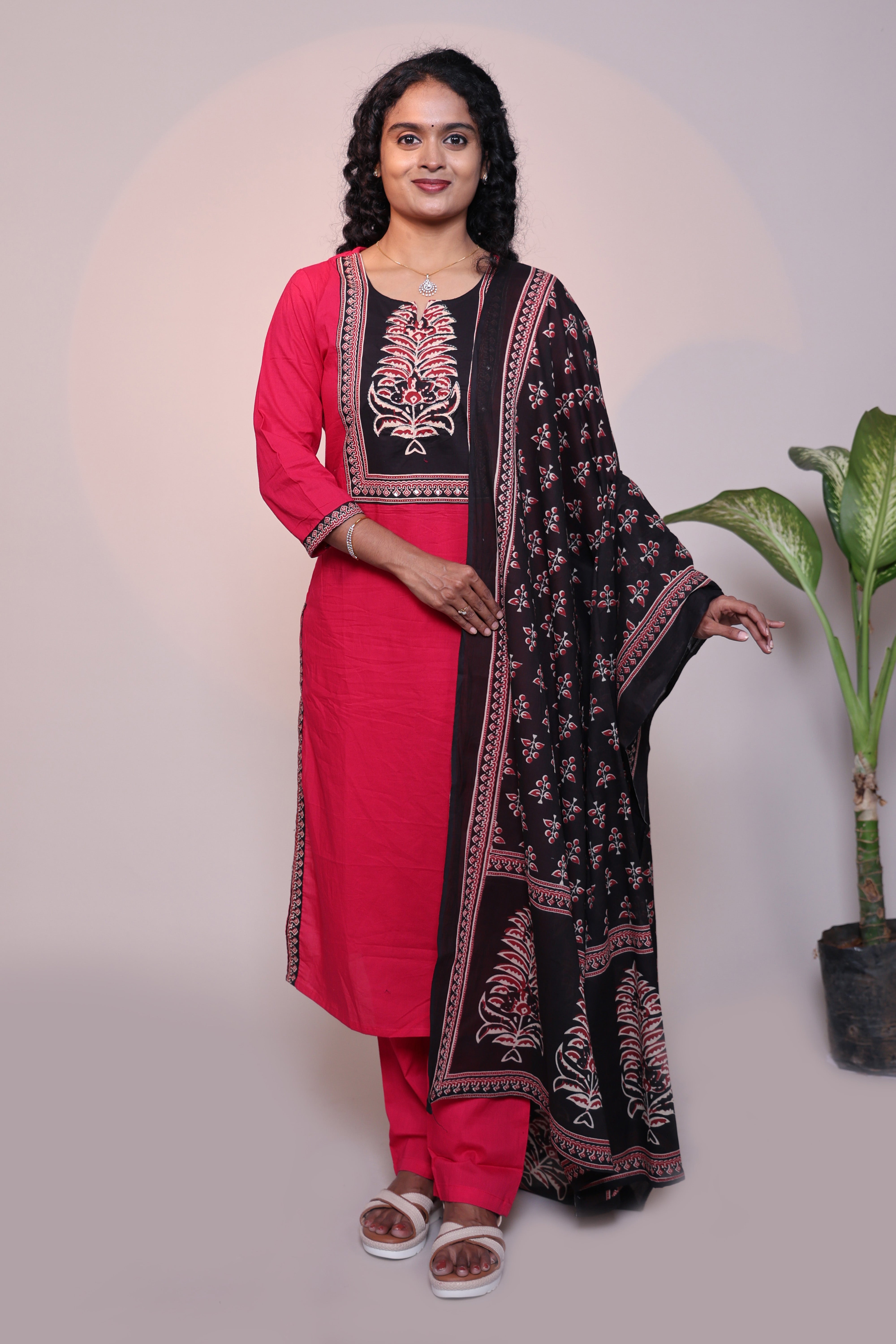 Red floral design 3/4 slevee salwar suit with matching pant and contrast printed dupatta