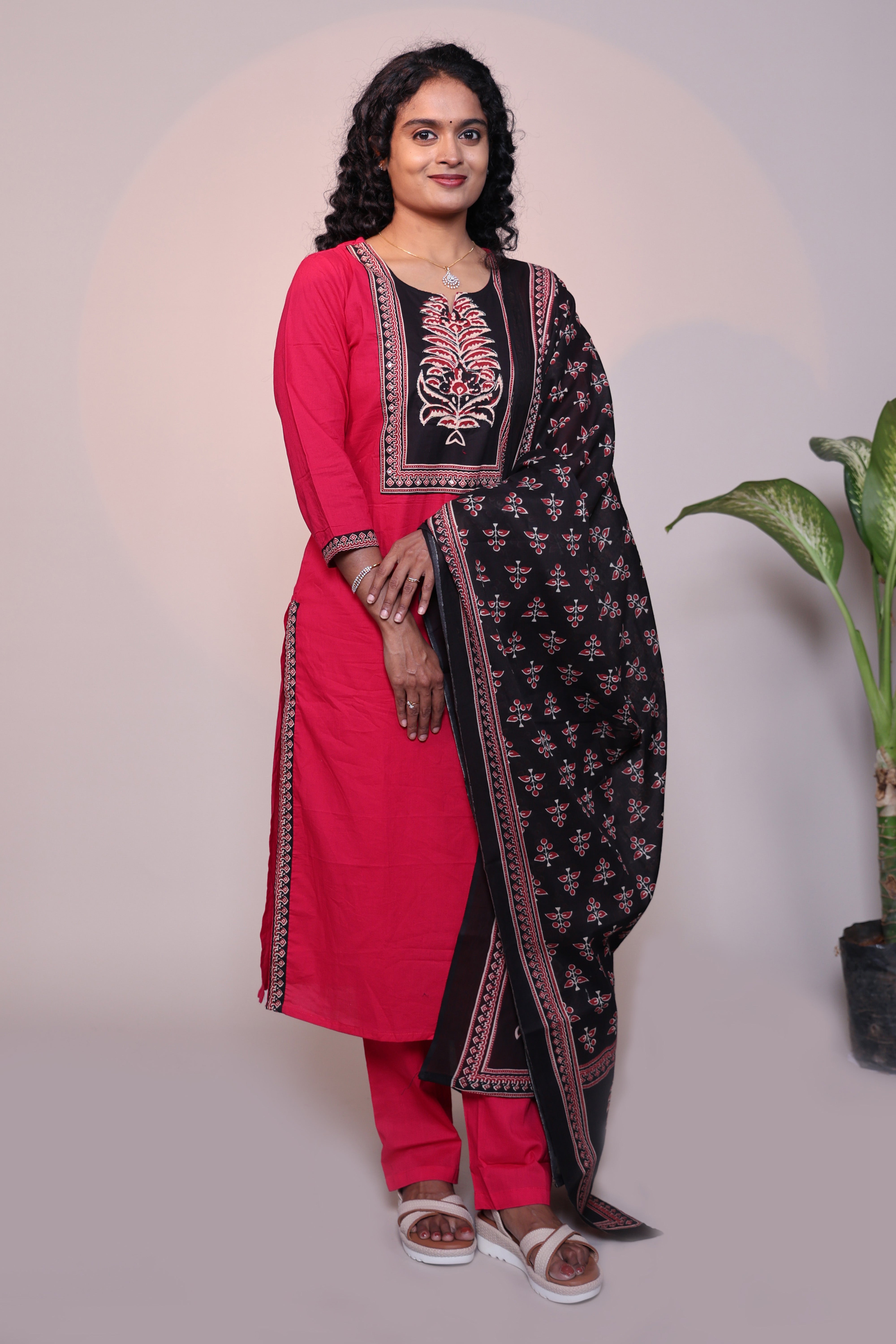 Red floral design 3/4 slevee salwar suit with matching pant and contrast printed dupatta