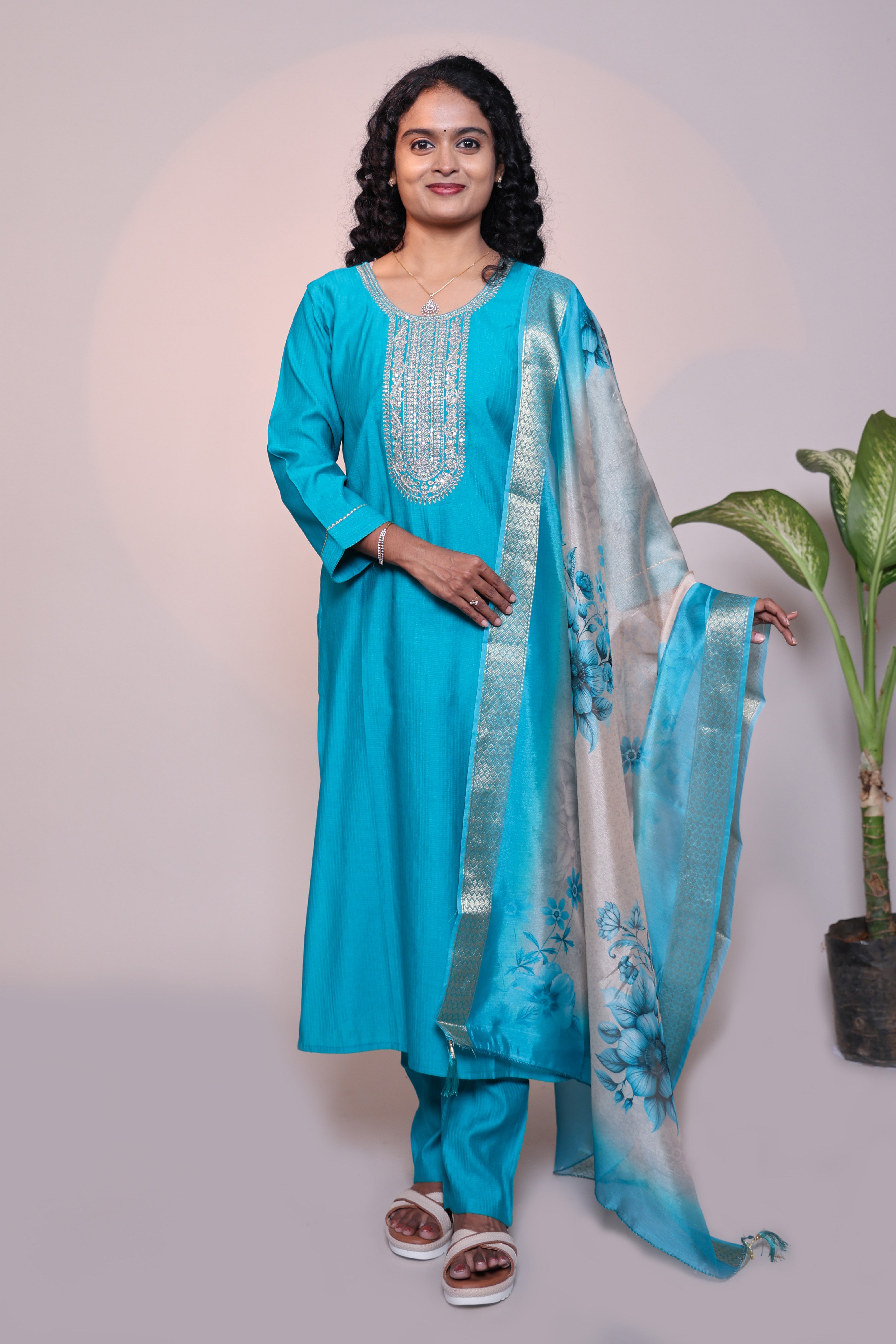 Blue embroidery 3/4 slevee salwar suit with matching pant and floral printed dupatta