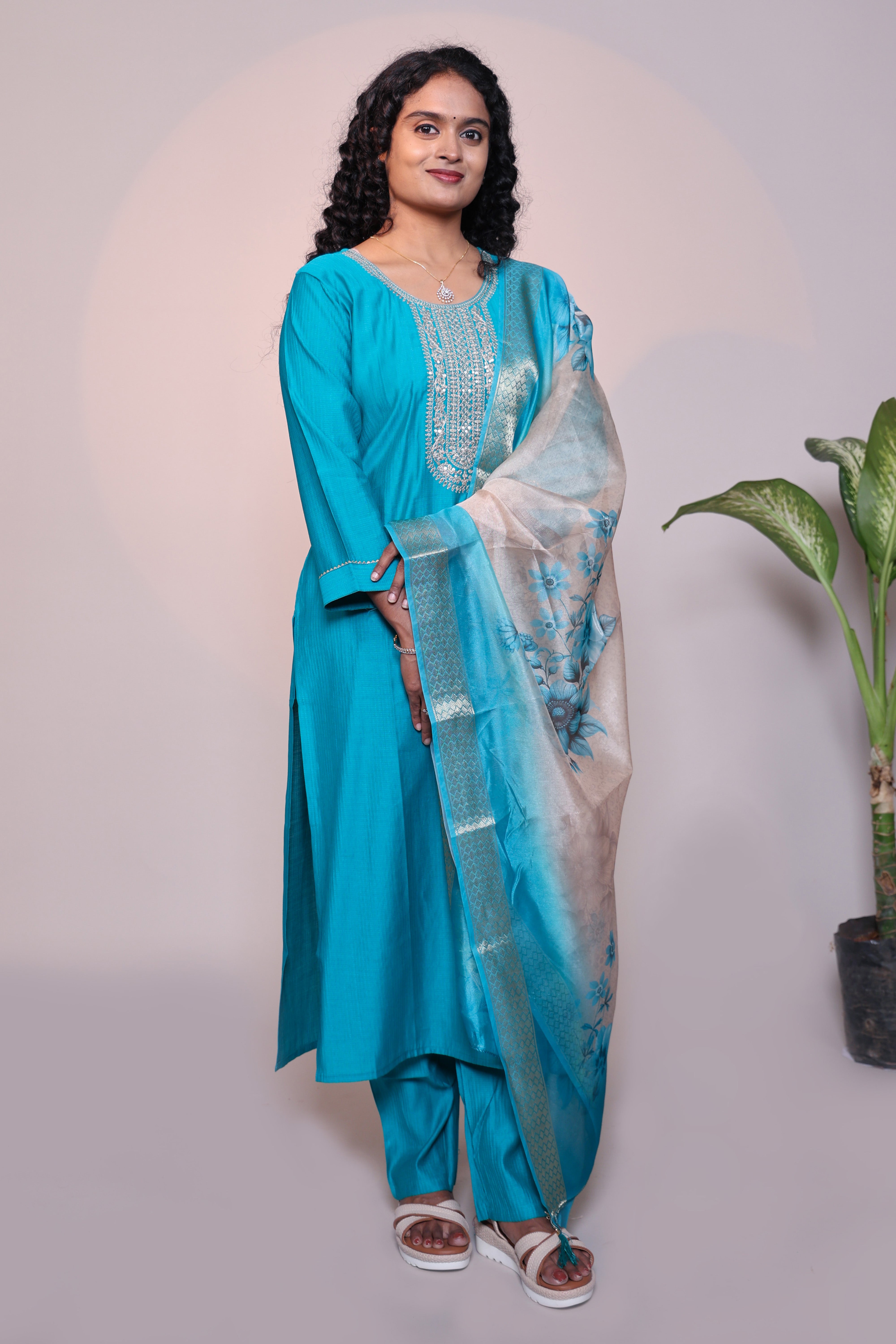 Blue embroidery 3/4 slevee salwar suit with matching pant and floral printed dupatta
