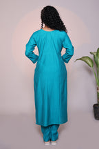 Blue embroidery 3/4 slevee salwar suit with matching pant and floral printed dupatta