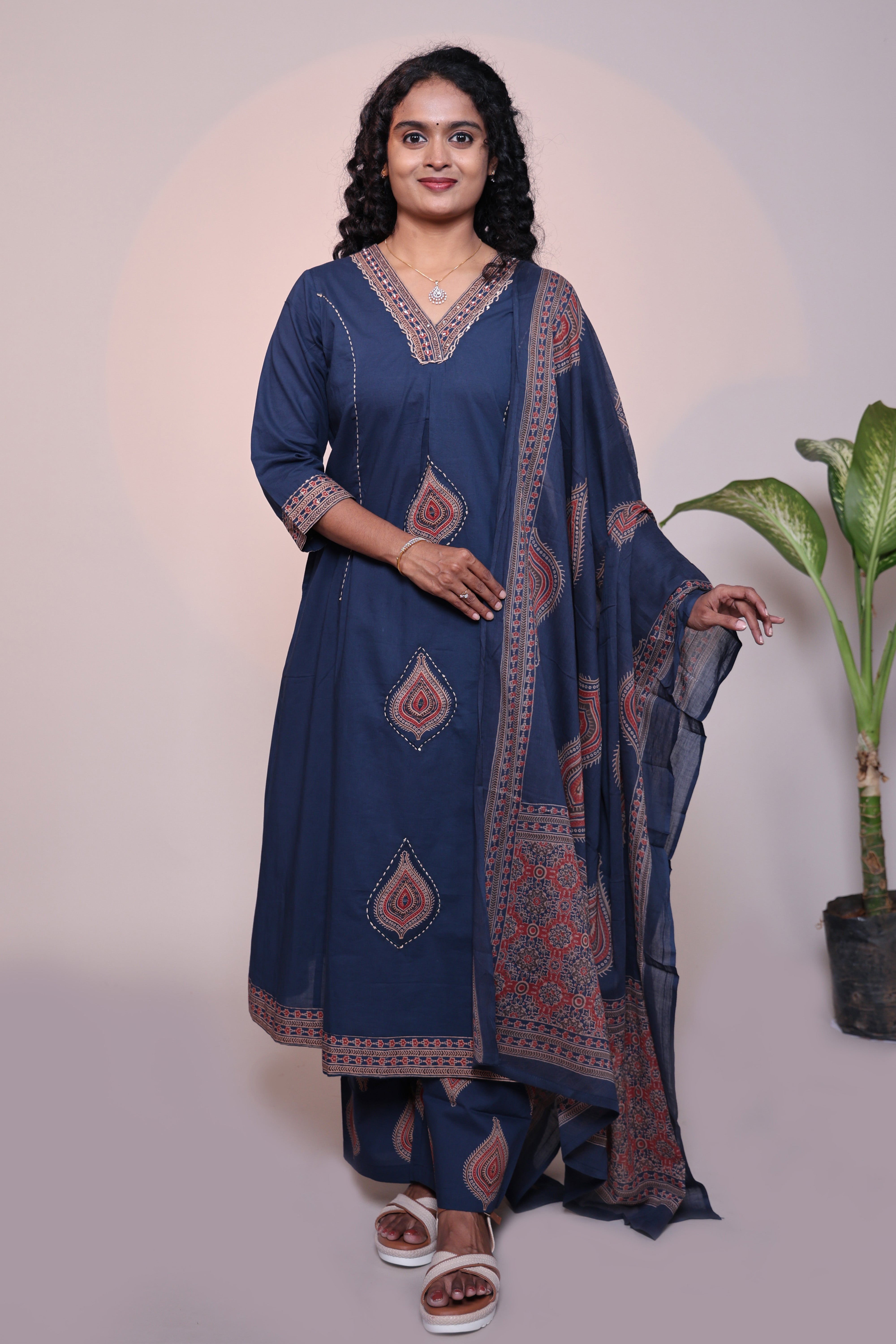 Blue V neck butta design 3/4 slevee salwar suit with matching pant and floral printed dupatta