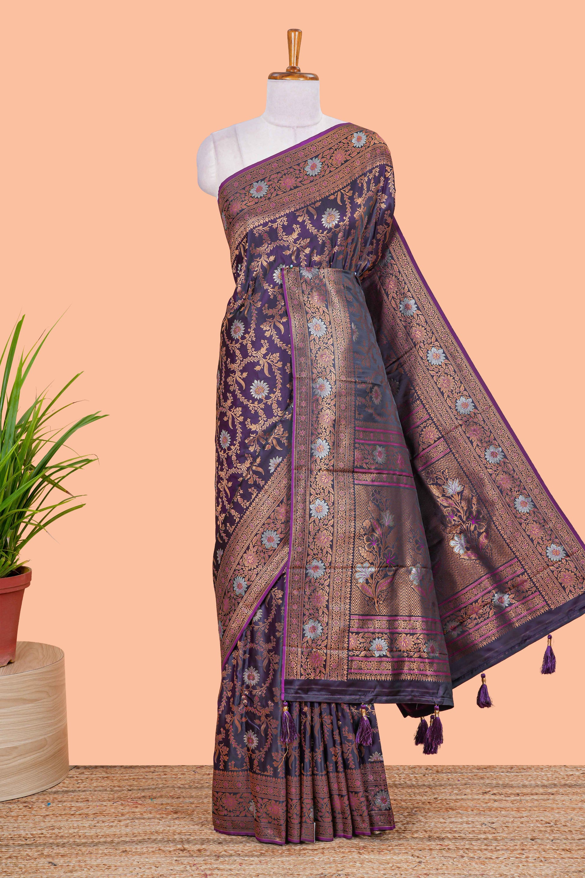 Magenta Banaras satin silk saree