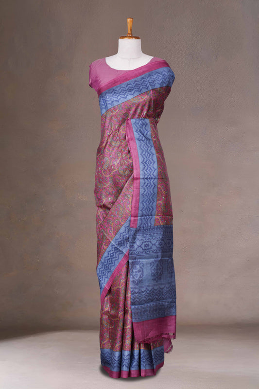 Magenta blue tussar silk saree