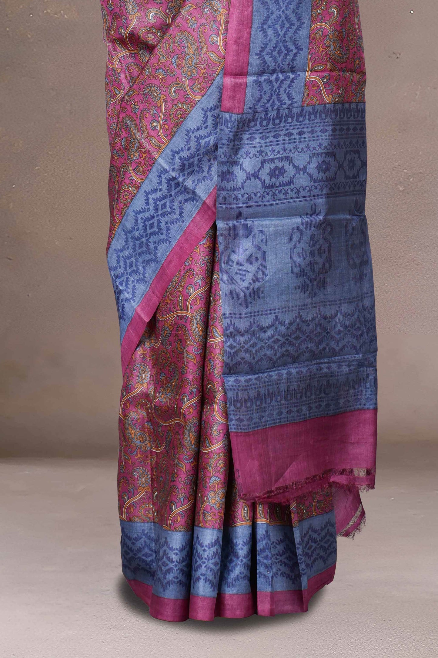 Magenta geometric print tussar silk saree
