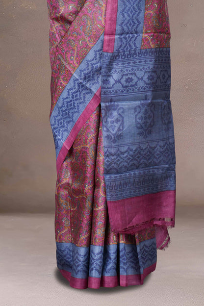 Magenta geometric print tussar silk saree
