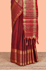Maroon casual Chettinad cotton saree with zari border