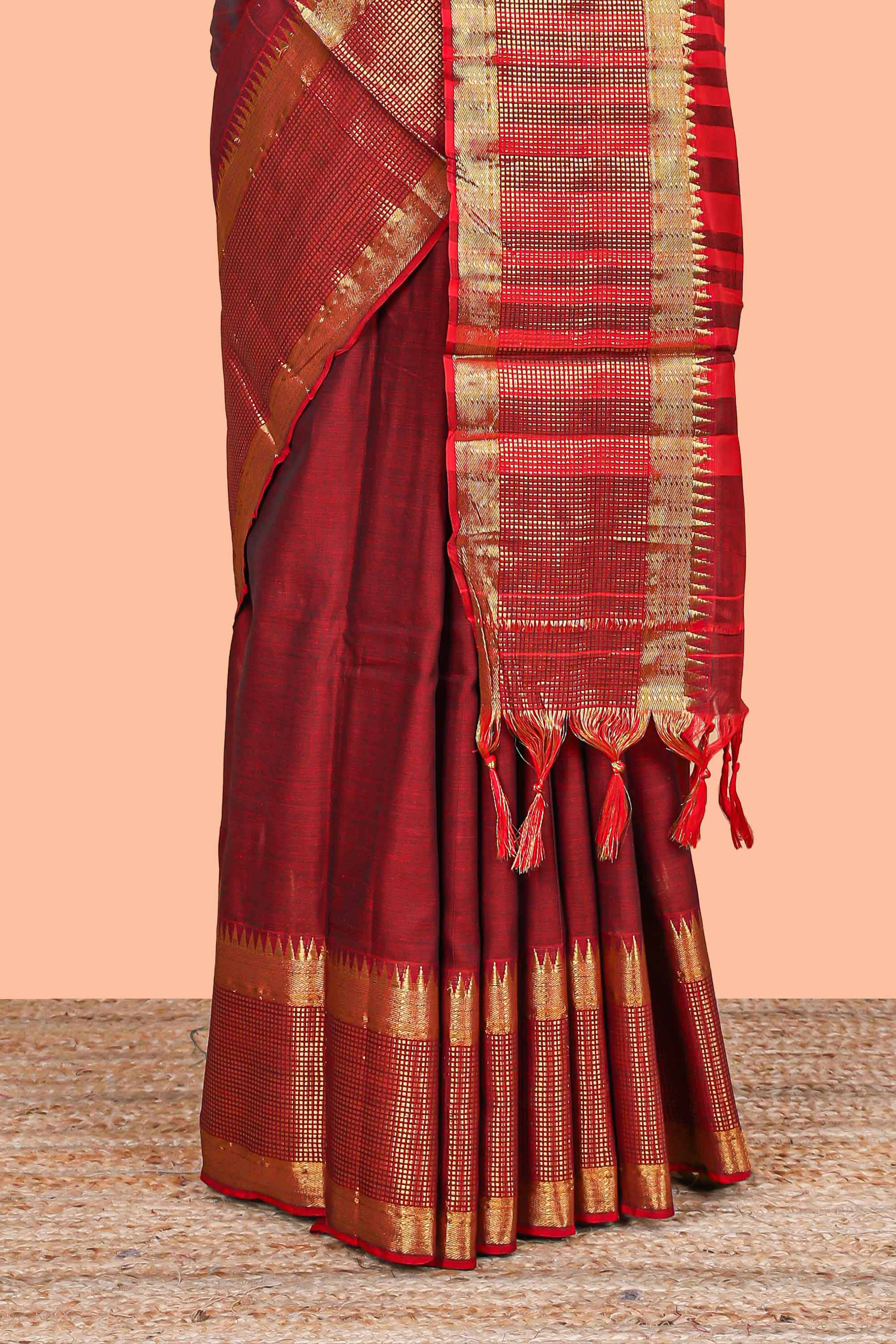 Maroon casual Chettinad cotton saree with zari border