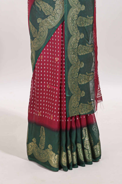 Maroon dola silk contrast border saree