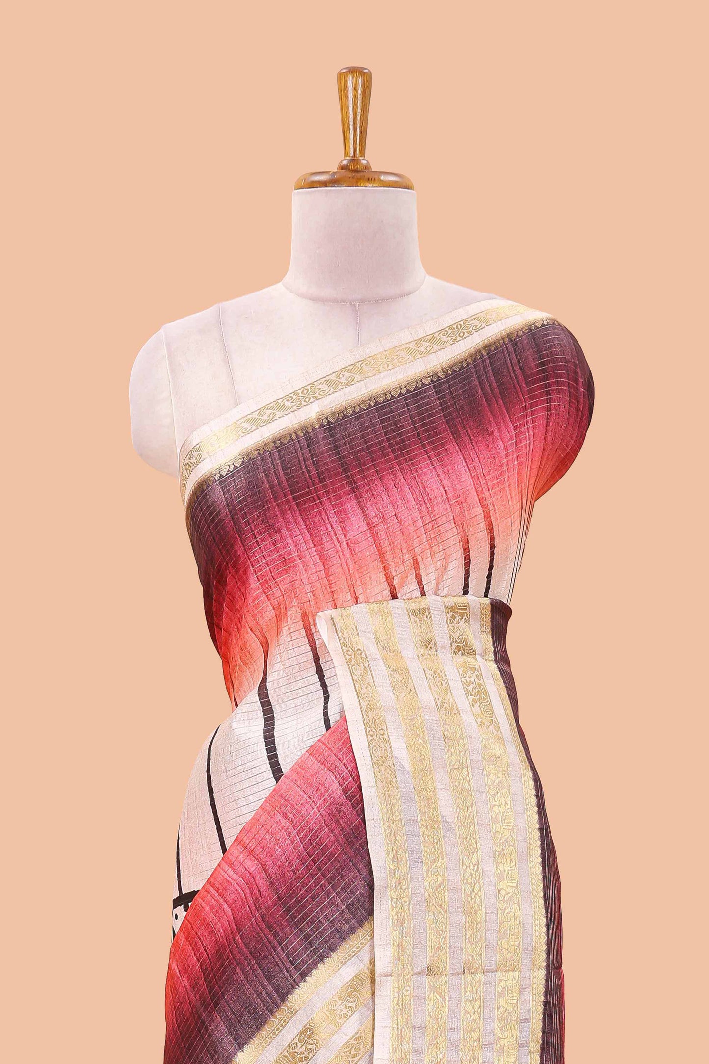 Maroon dola silk modern stripe saree