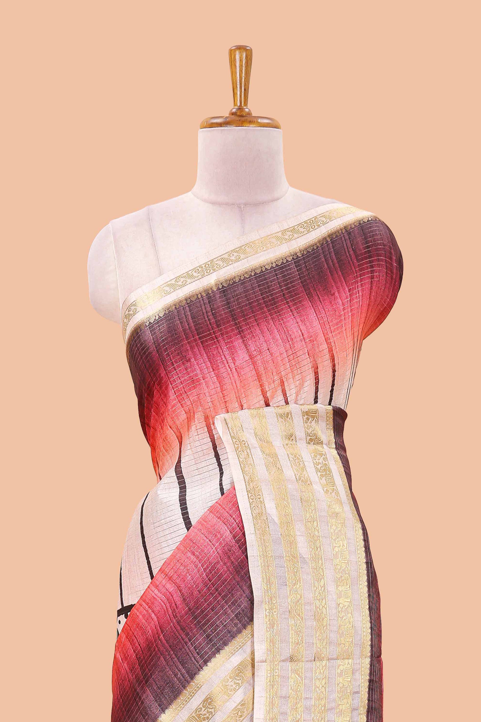 Maroon dola silk modern stripe saree