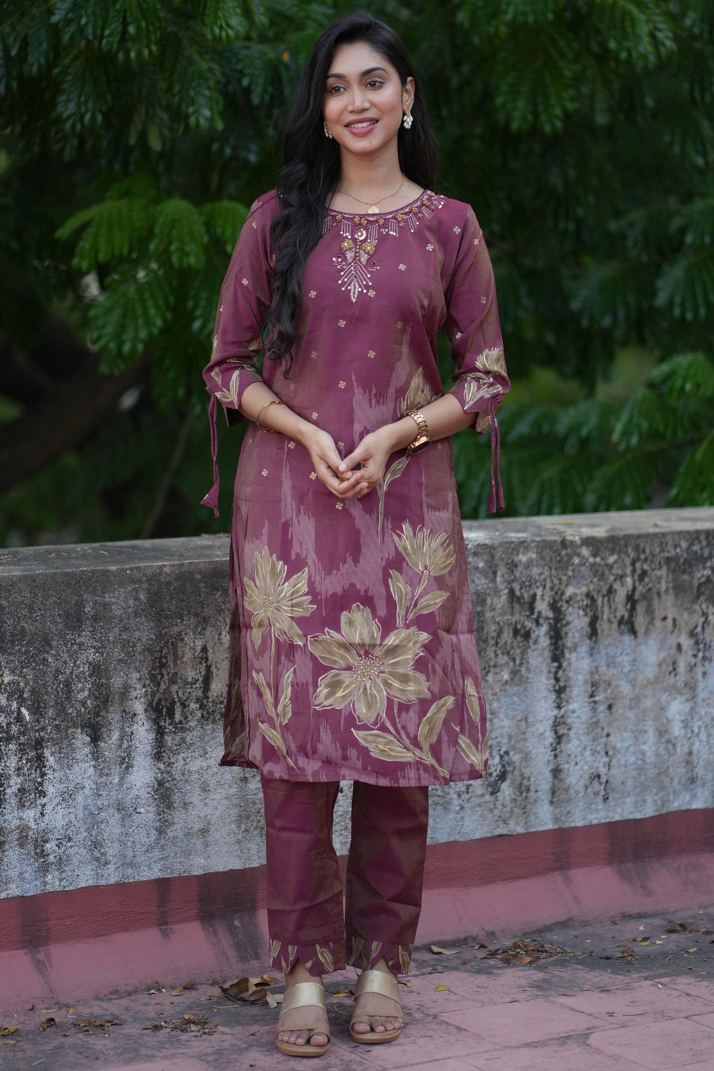 Maroon embroidered neckline suit