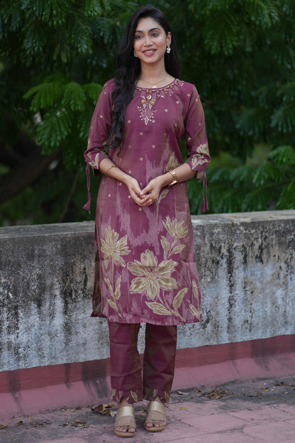 Maroon embroidered neckline suit