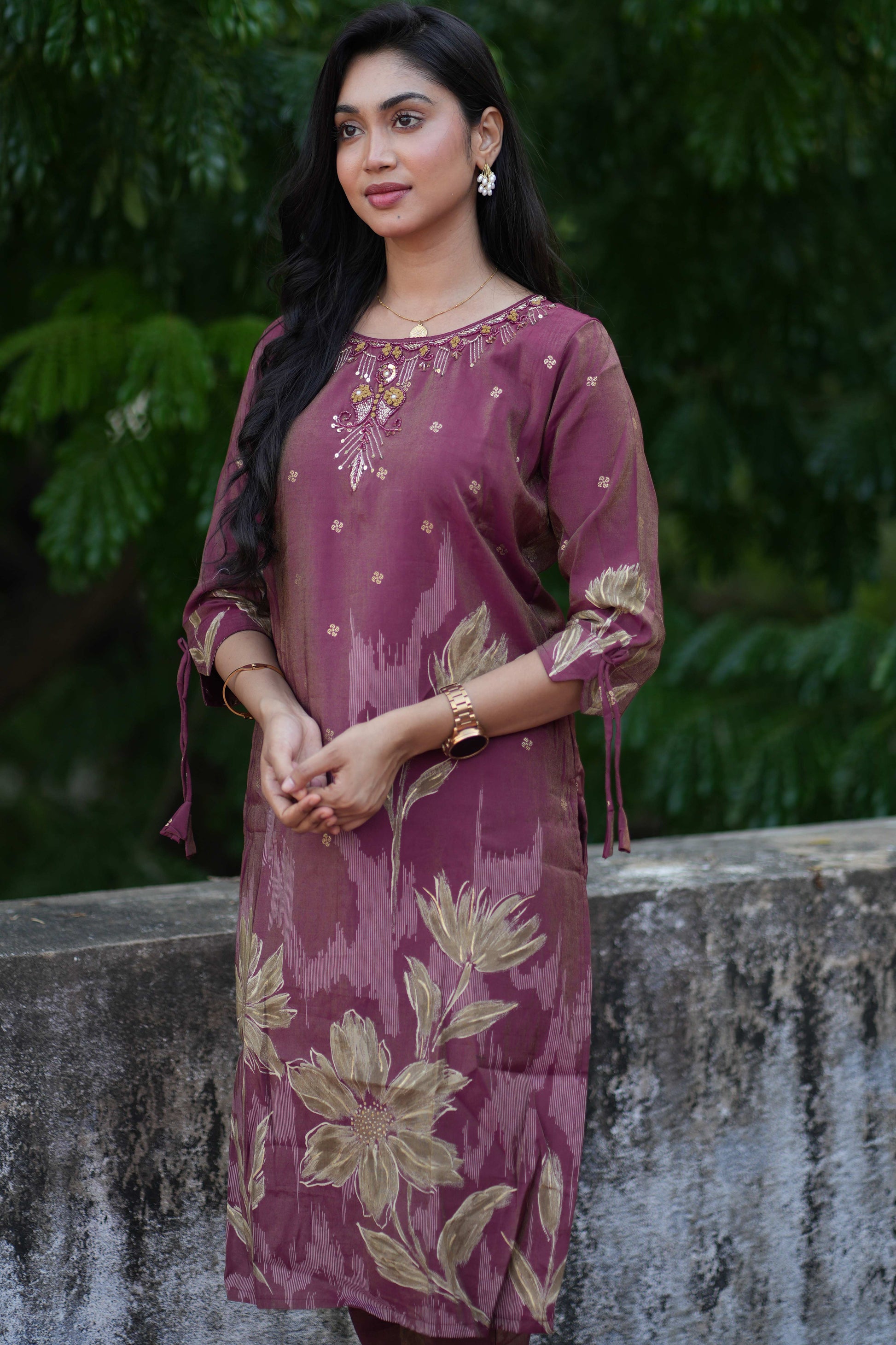 Maroon floral motif ethnic suit