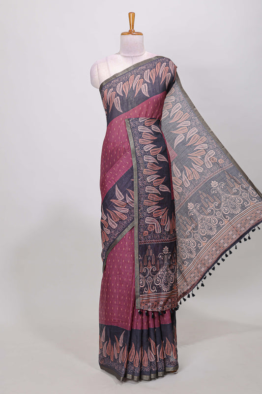 Maroon linen cotton butta saree