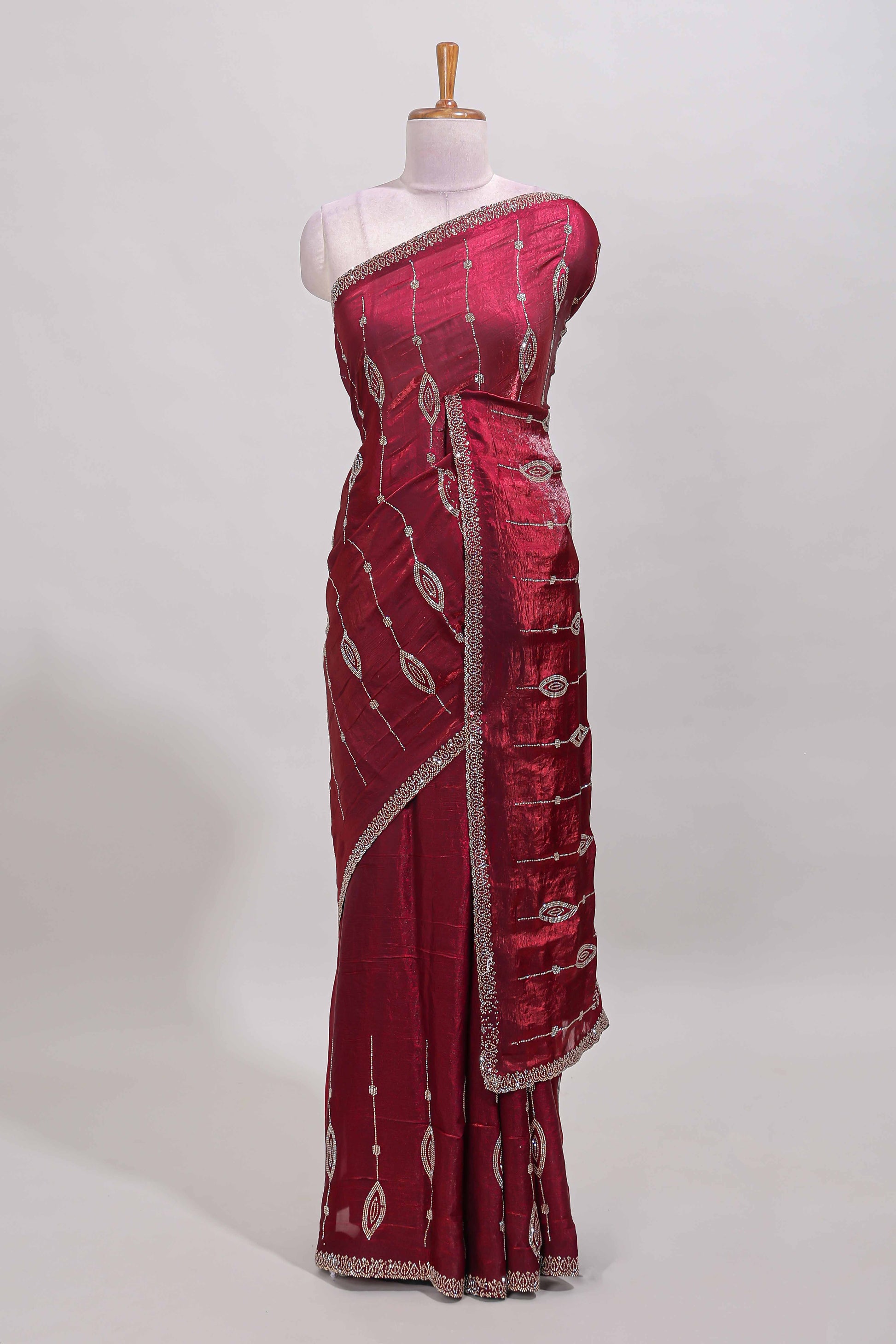 Maroon striped stone saree