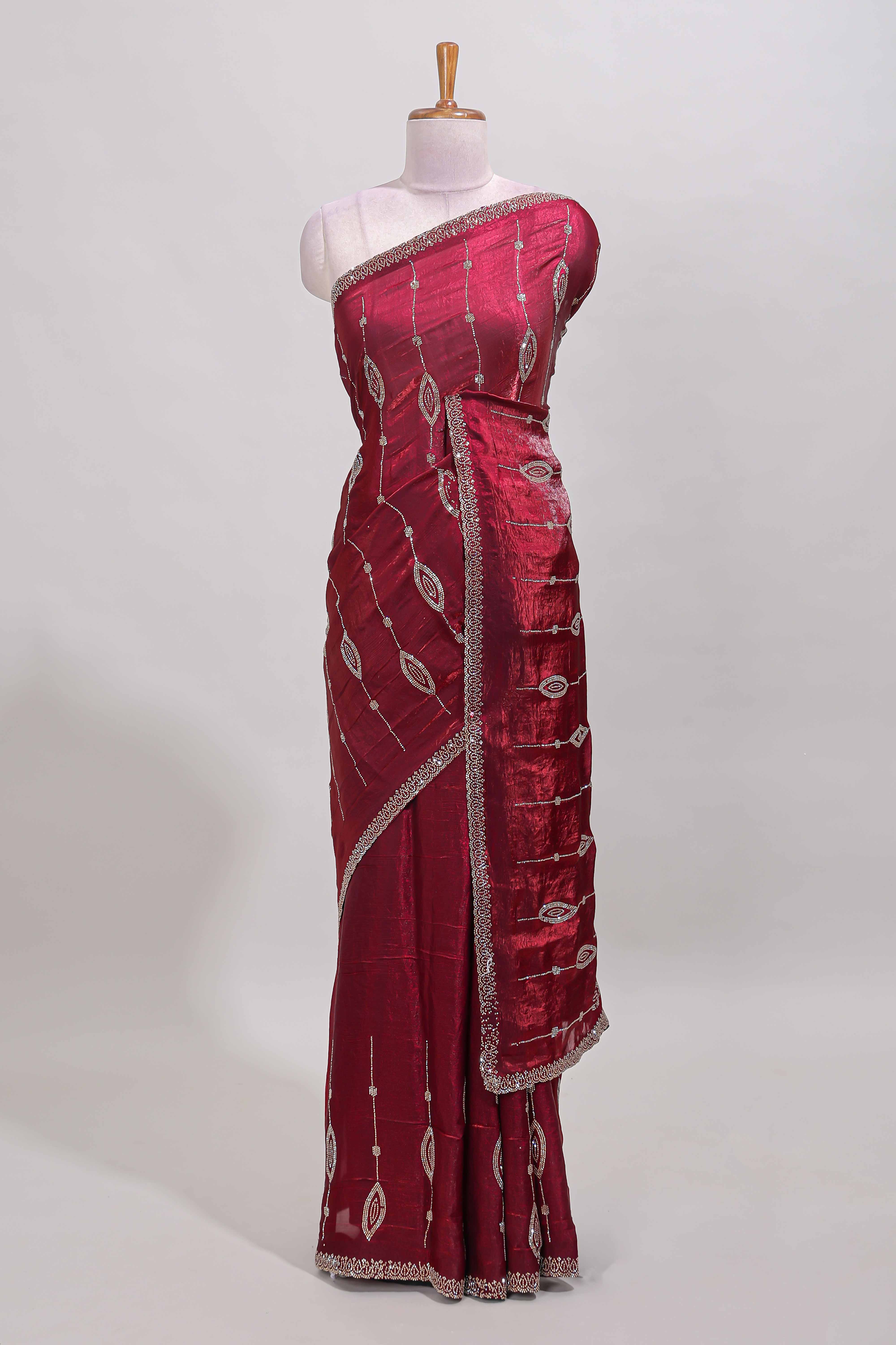 Maroon striped stone saree