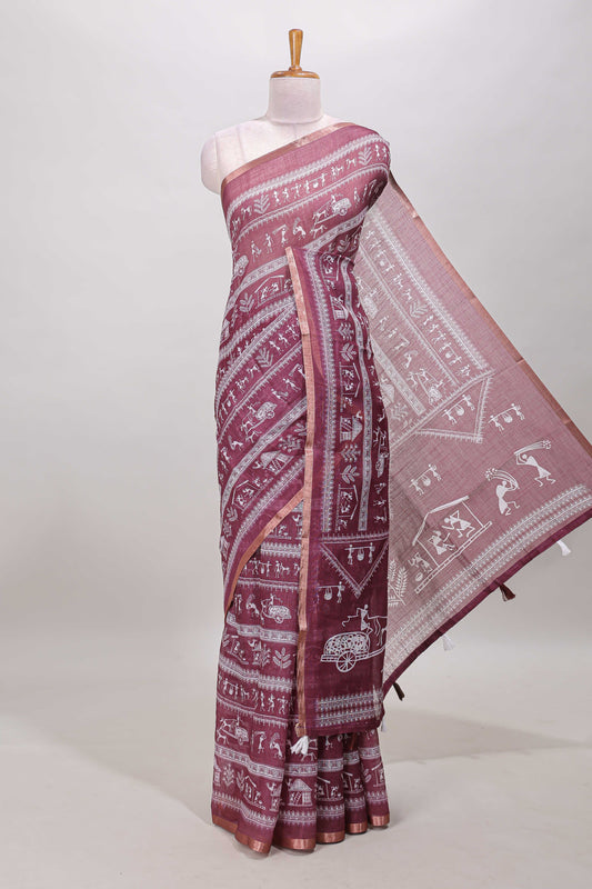 Maroon warli print linen cotton saree