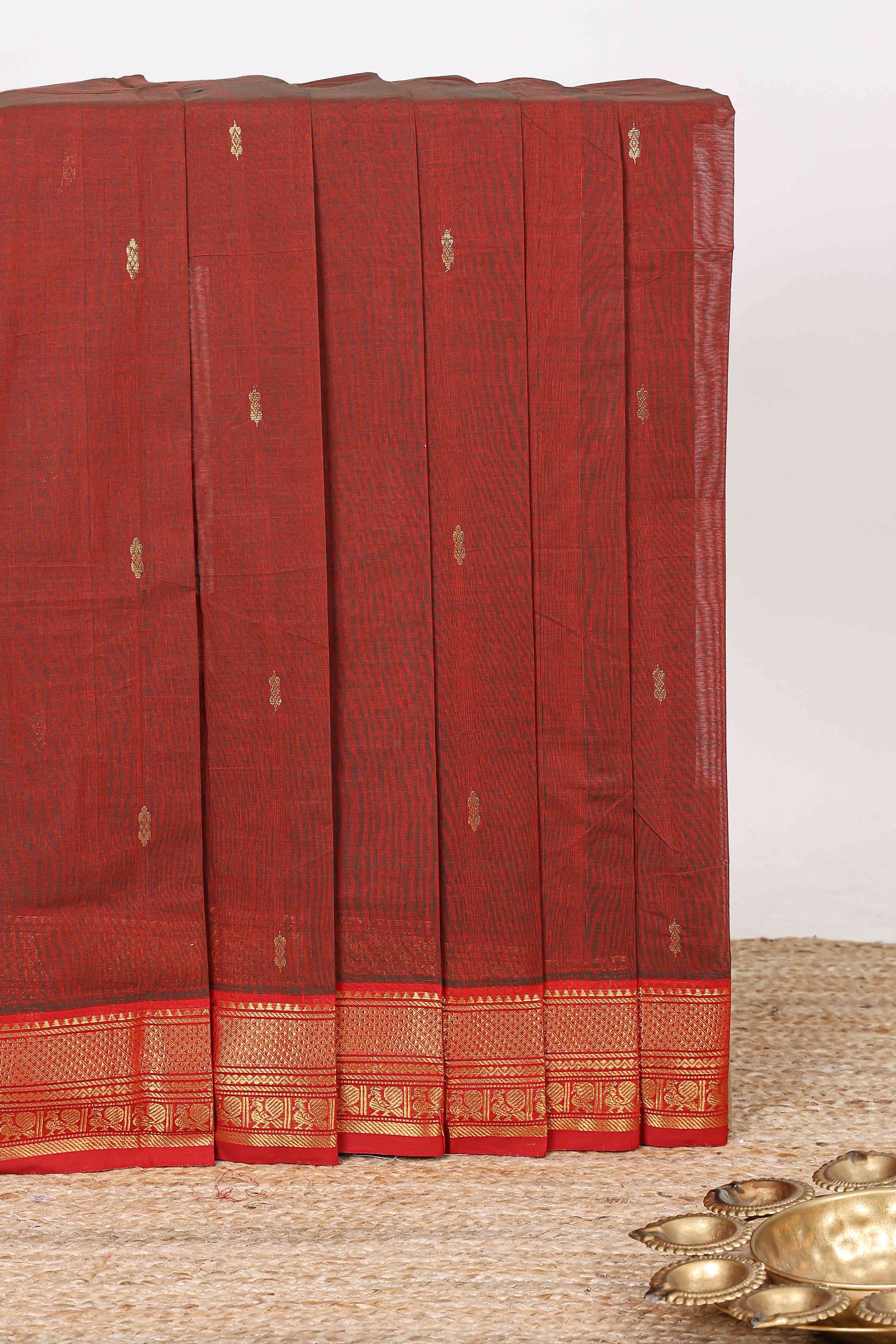 Maroon zari butta chettinad cotton saree