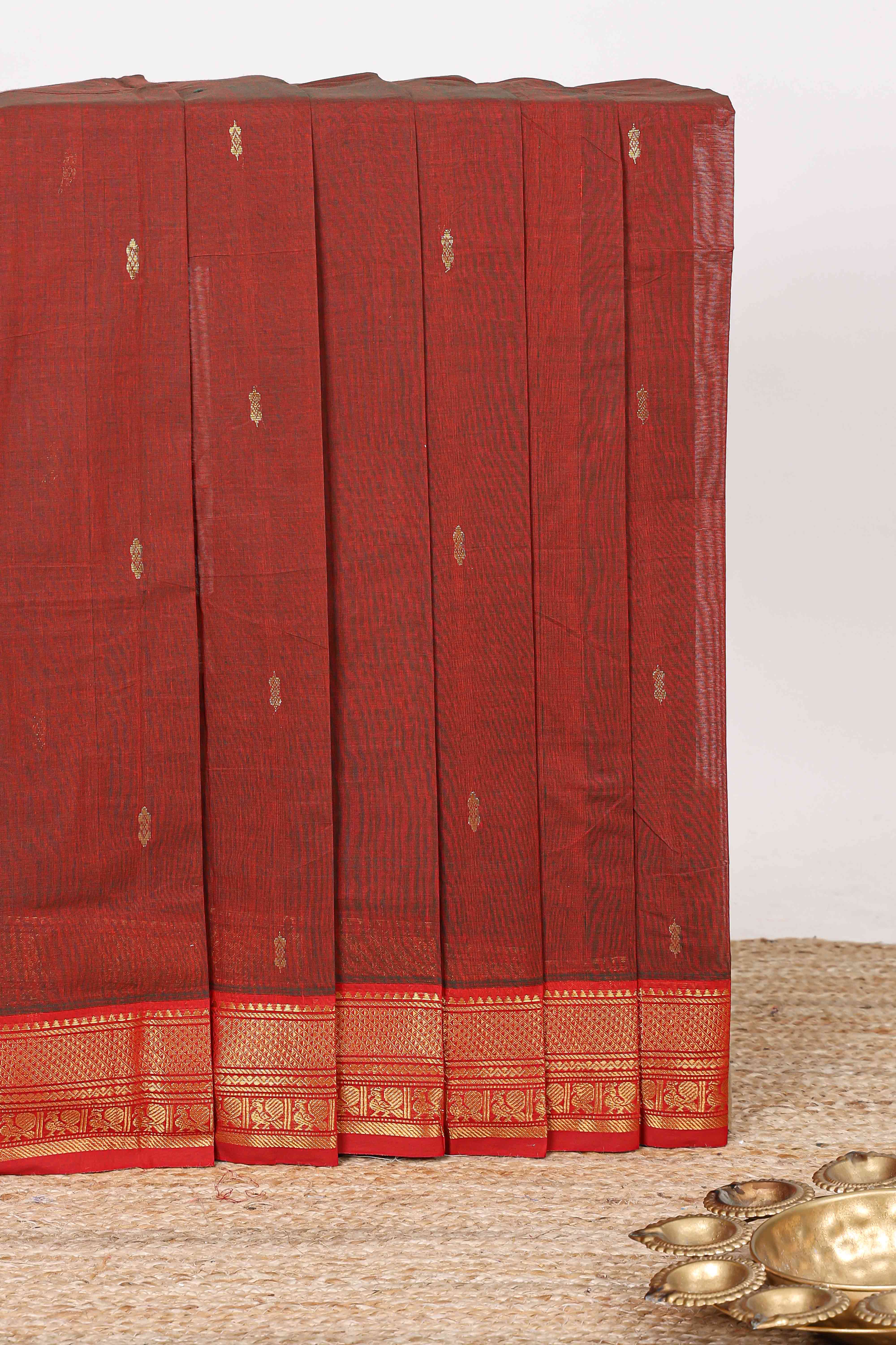 Maroon zari butta chettinad cotton saree