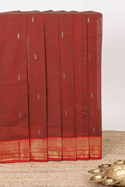 Maroon zari butta chettinad cotton saree