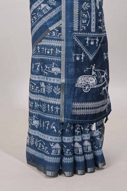 Midnight blue printed blouse saree
