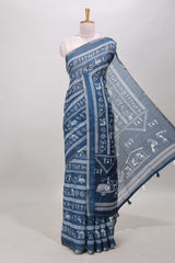 Midnight blue warli print linen cotton saree