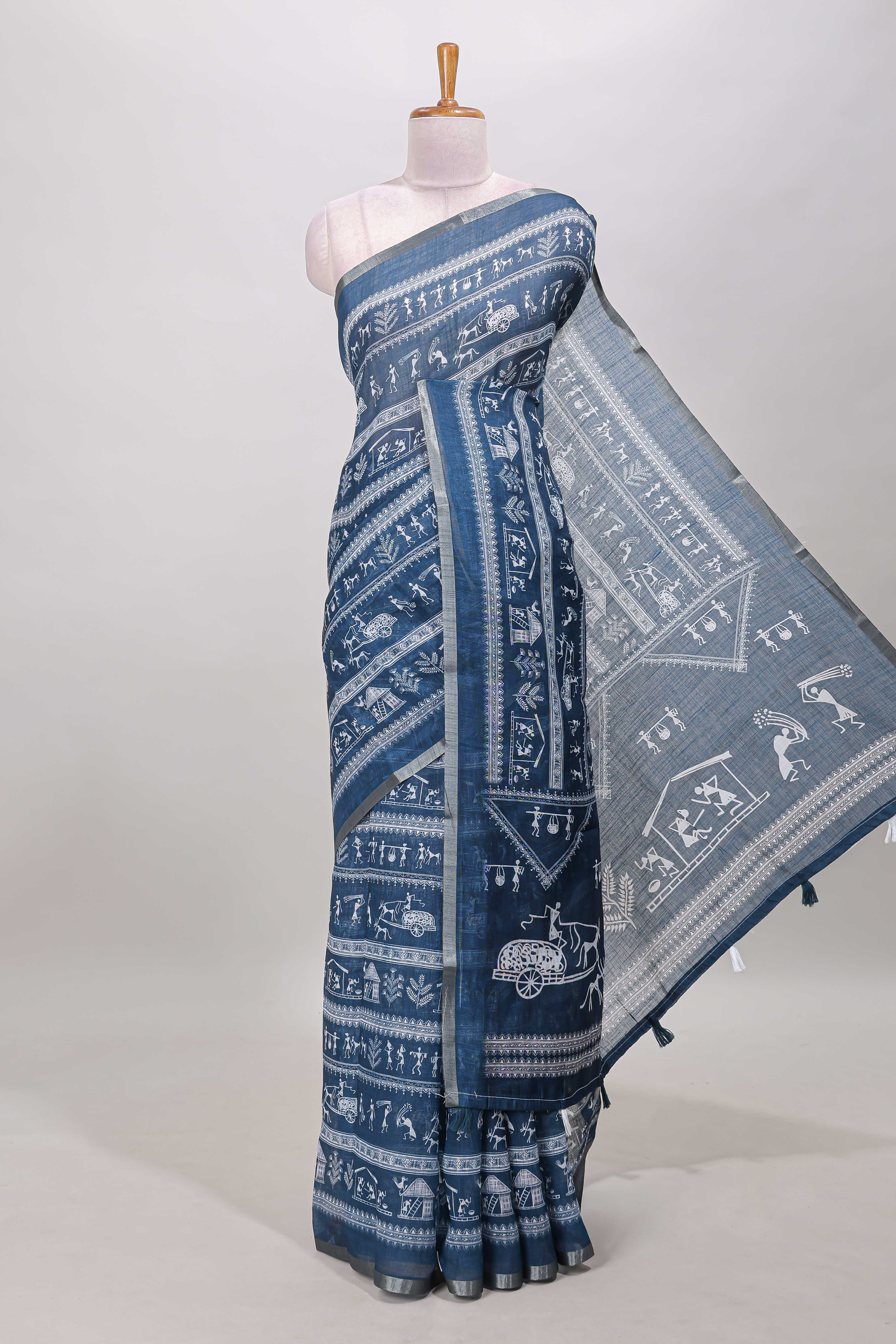 Midnight blue warli print linen cotton saree