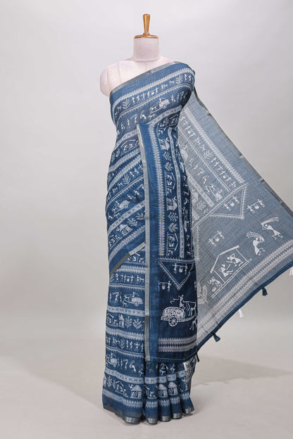 Midnight blue warli print linen cotton saree