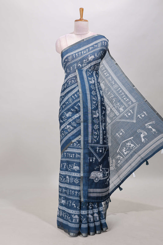 Midnight blue warli print linen cotton saree