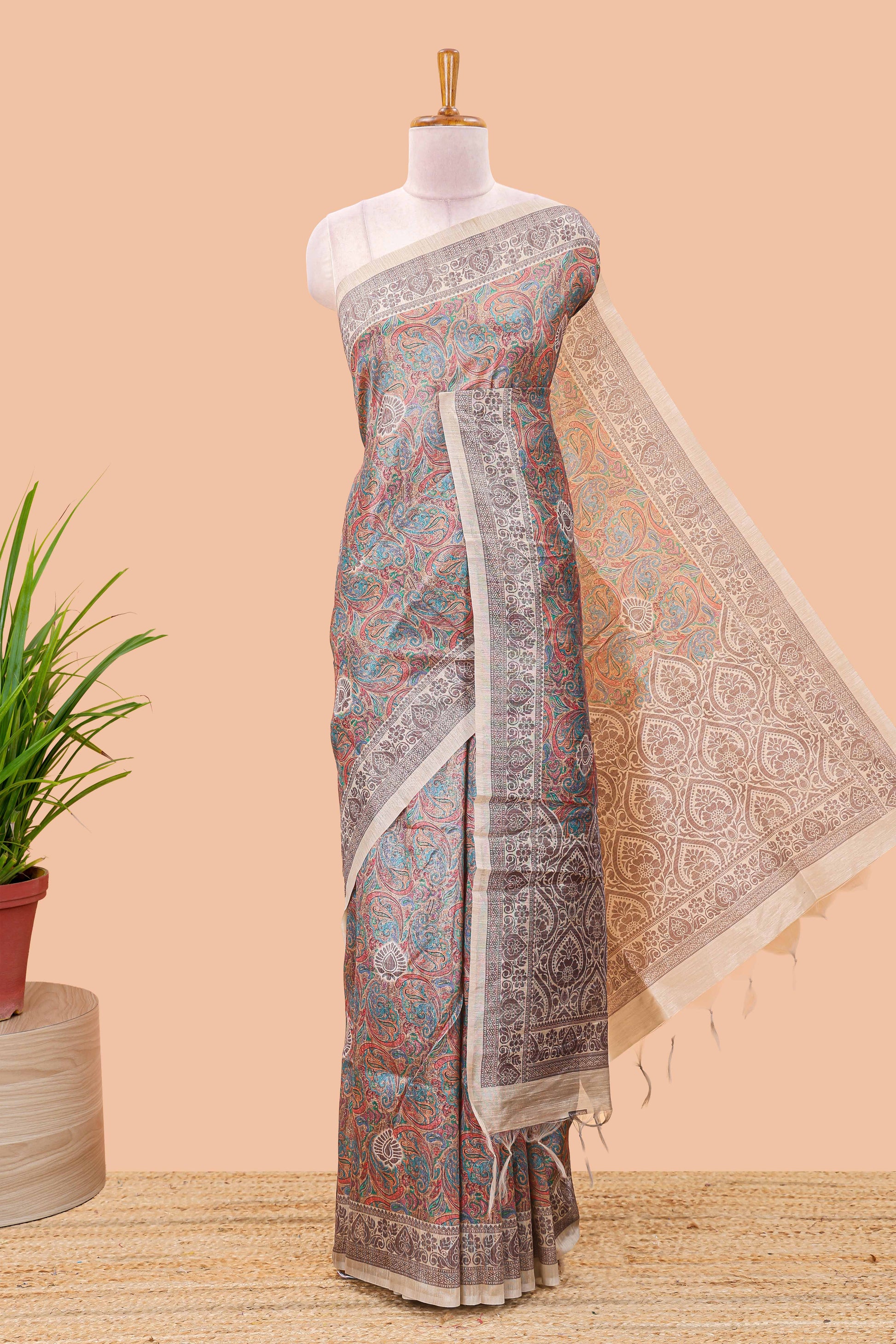 Multi color chanderi cotton saree with Mughal paisley print