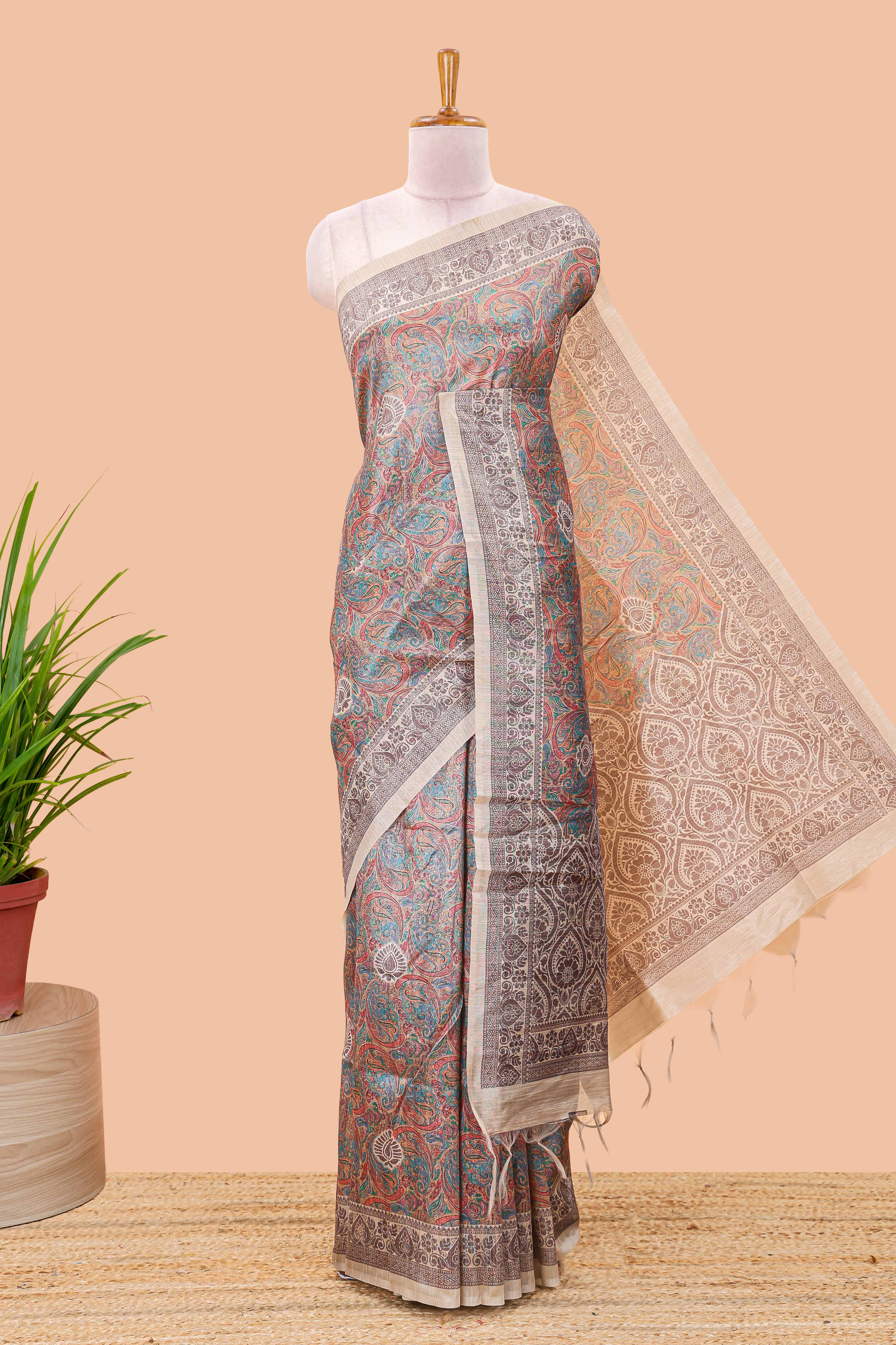Multi color chanderi cotton saree with Mughal paisley print