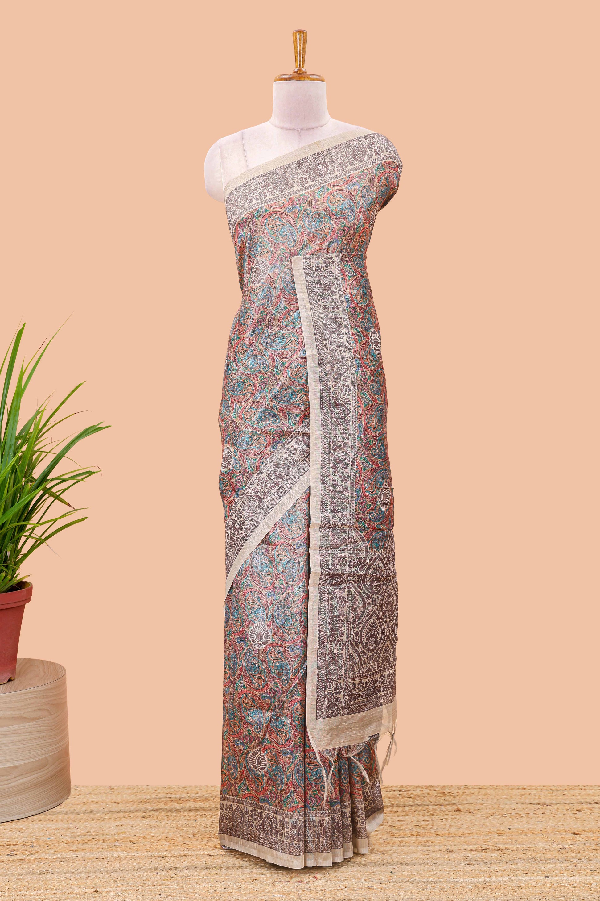 Multi paisley print chanderi cotton saree with medallion pallu