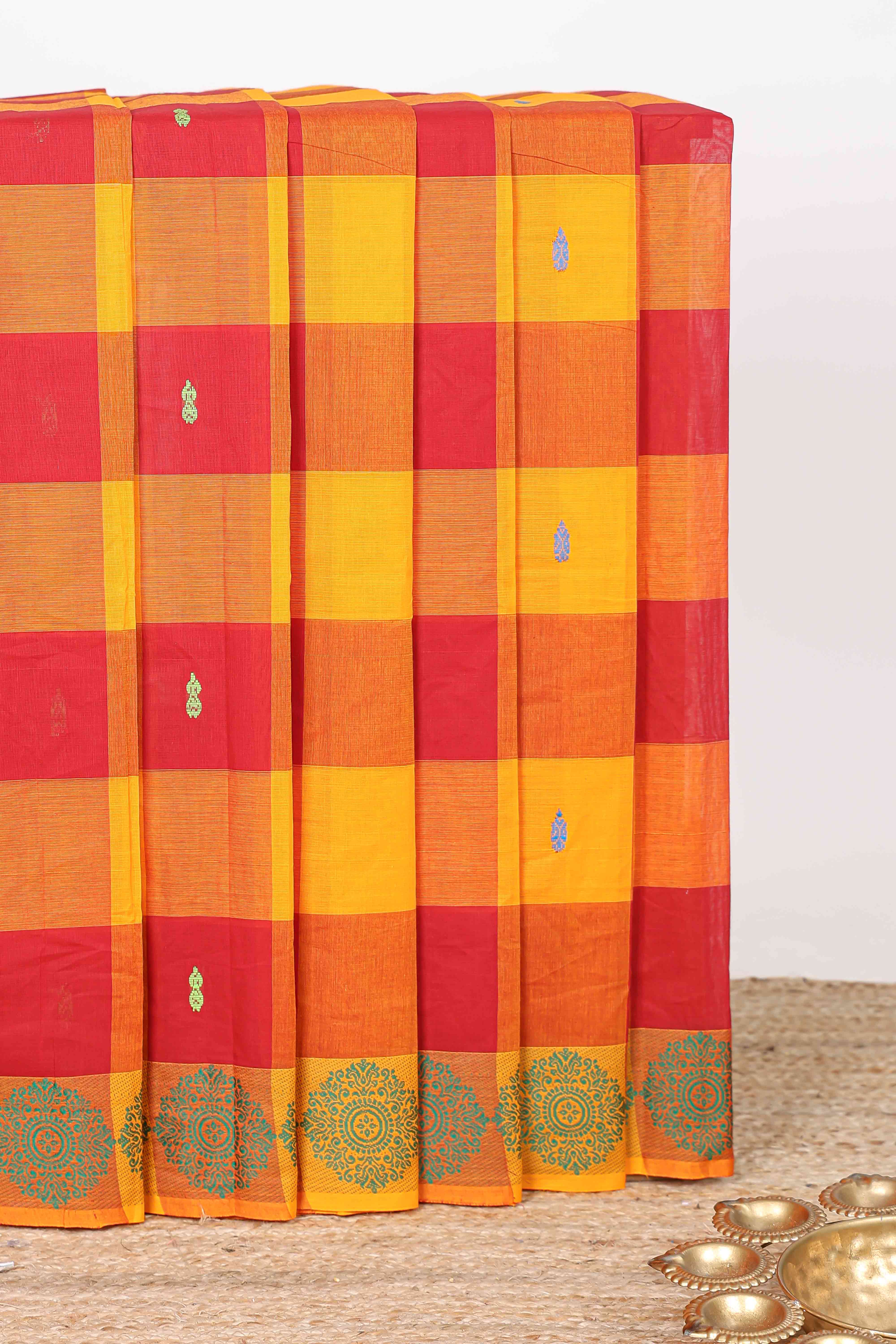 Multicolor checked butta chettinad cotton sarees
