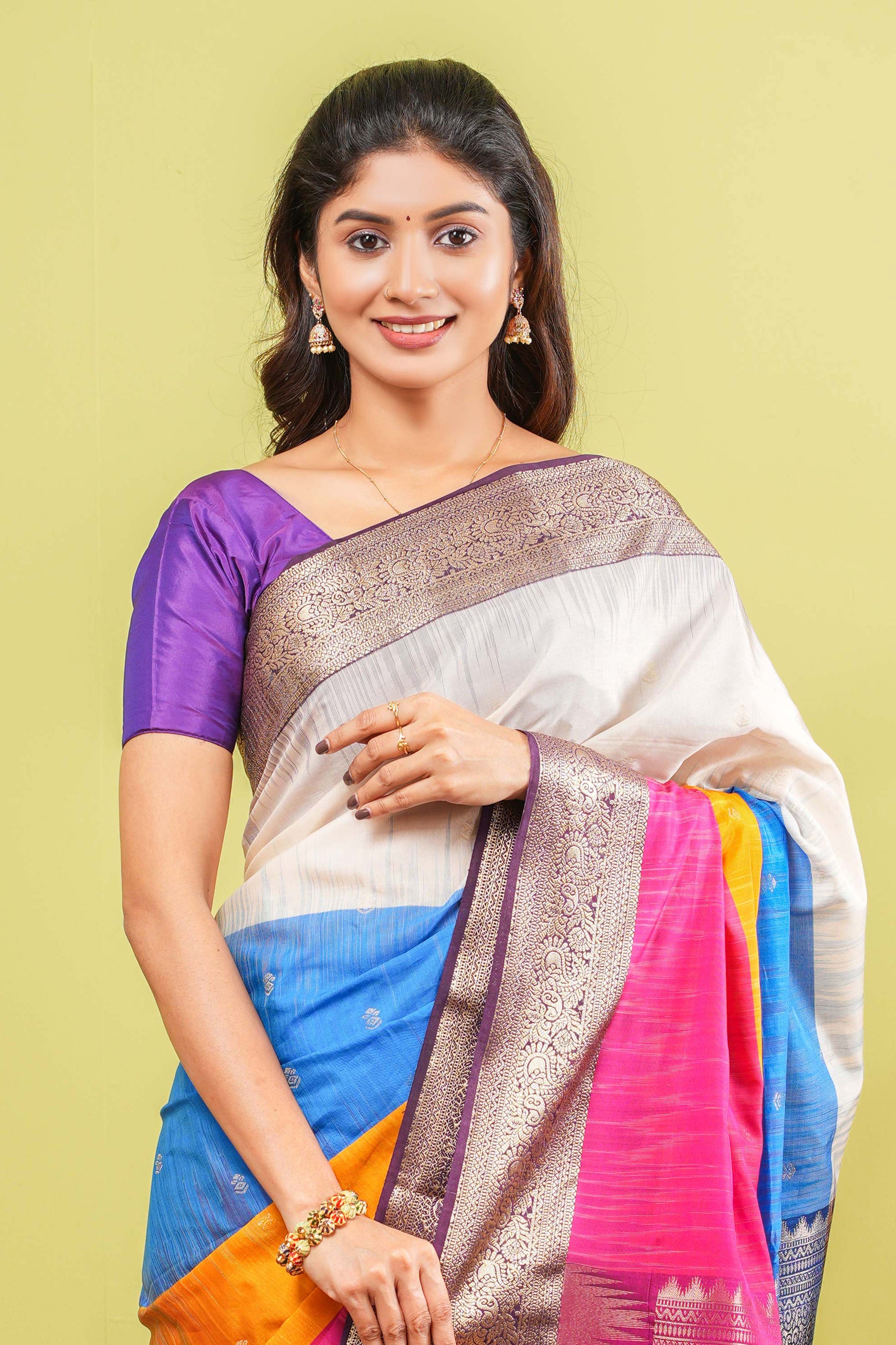 Multicolor soft silk purple pallu saree