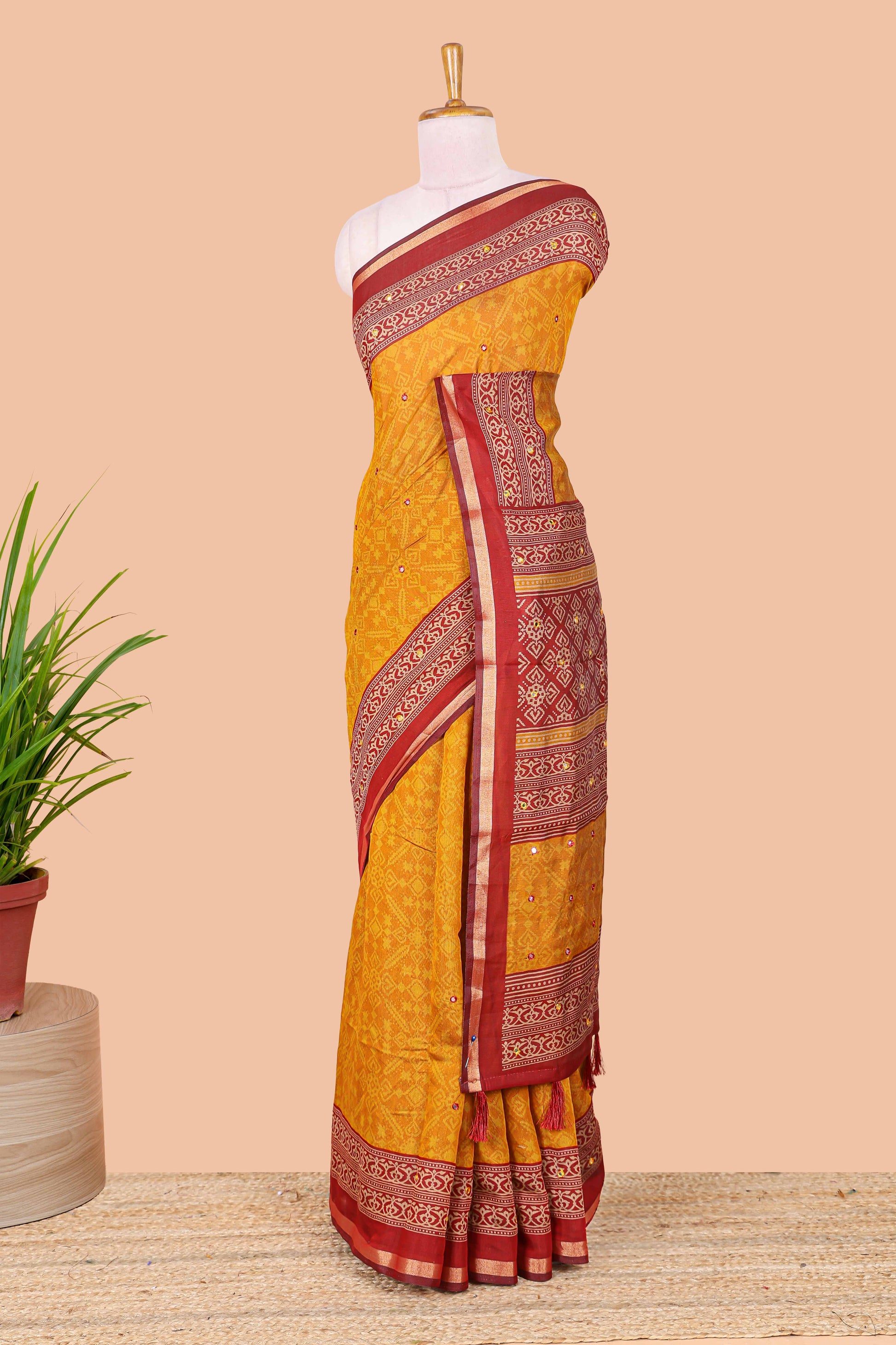 Mustard chanderi cotton saree geometric design

