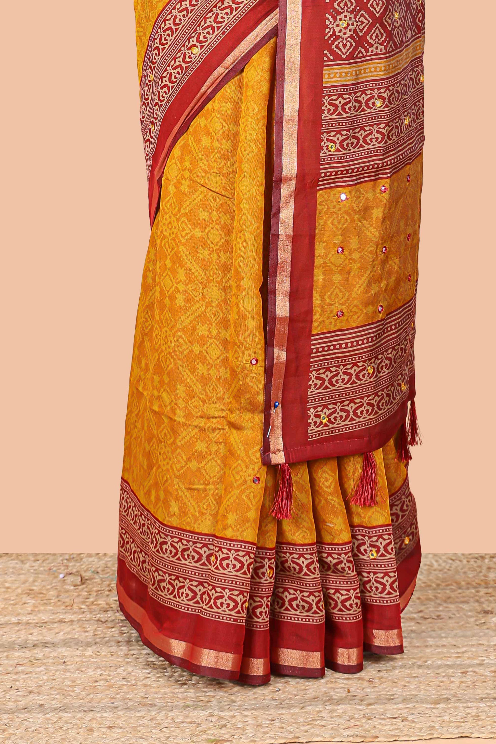 Mustard chanderi cotton saree with zari border