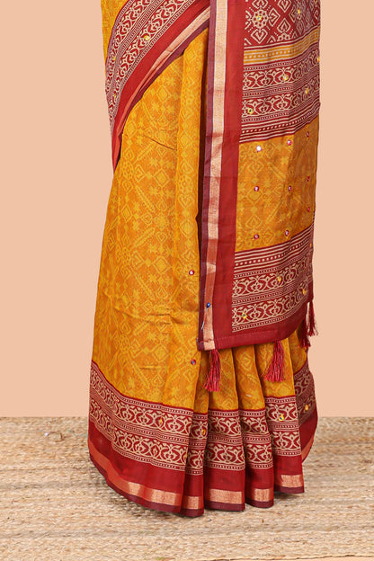 Mustard chanderi cotton saree with zari border