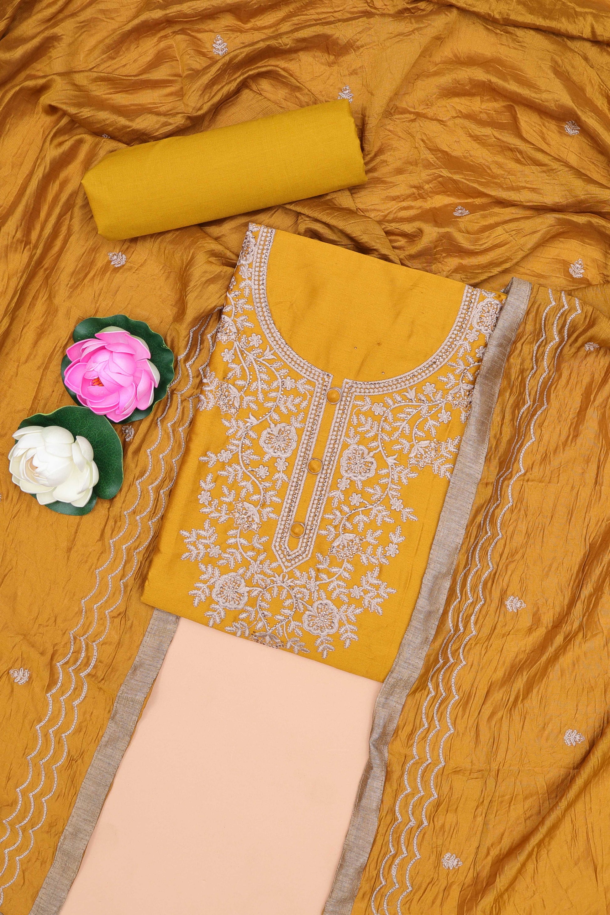 Mustard cotton silk embroidered suit set