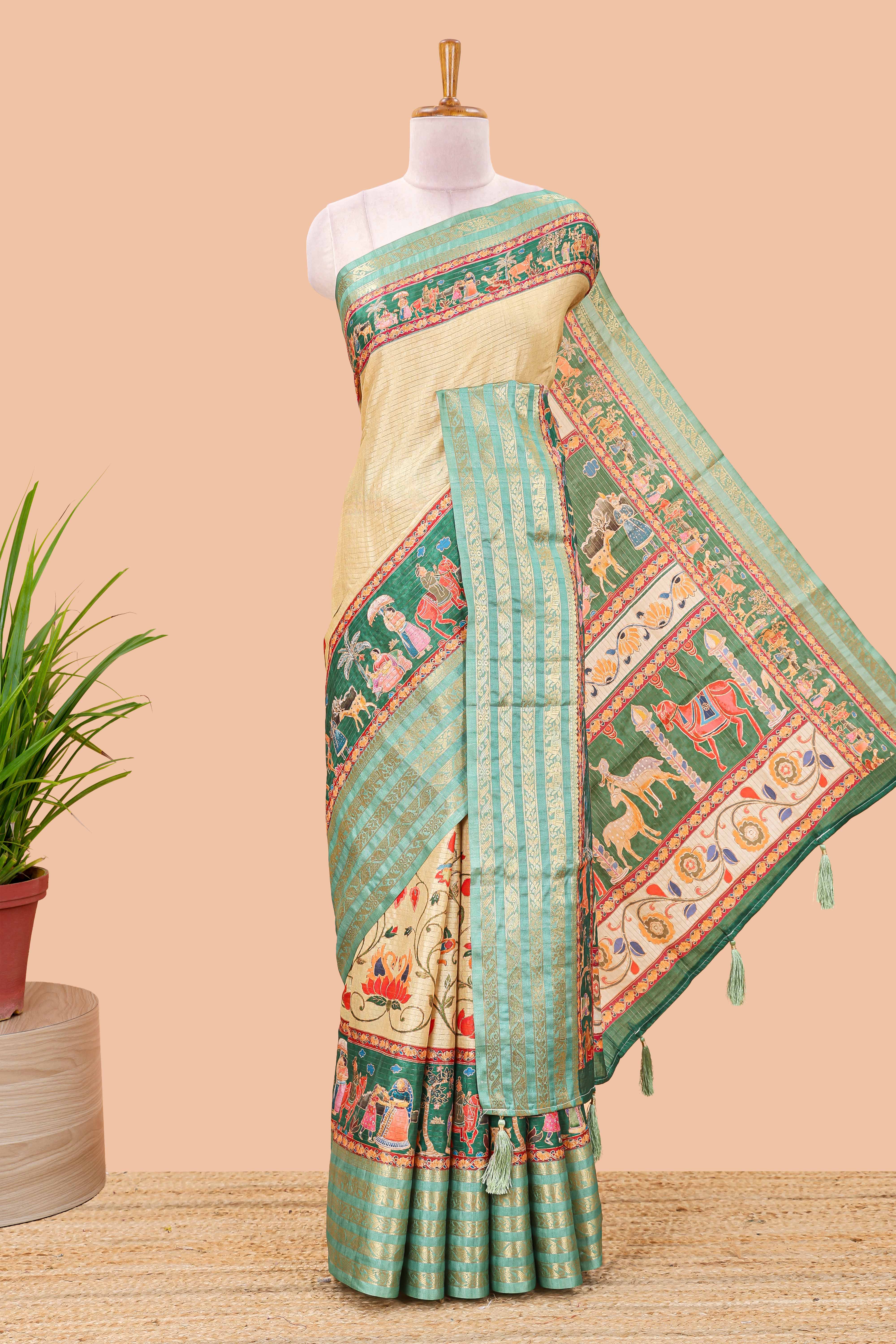 Mustard dola silk lotus saree