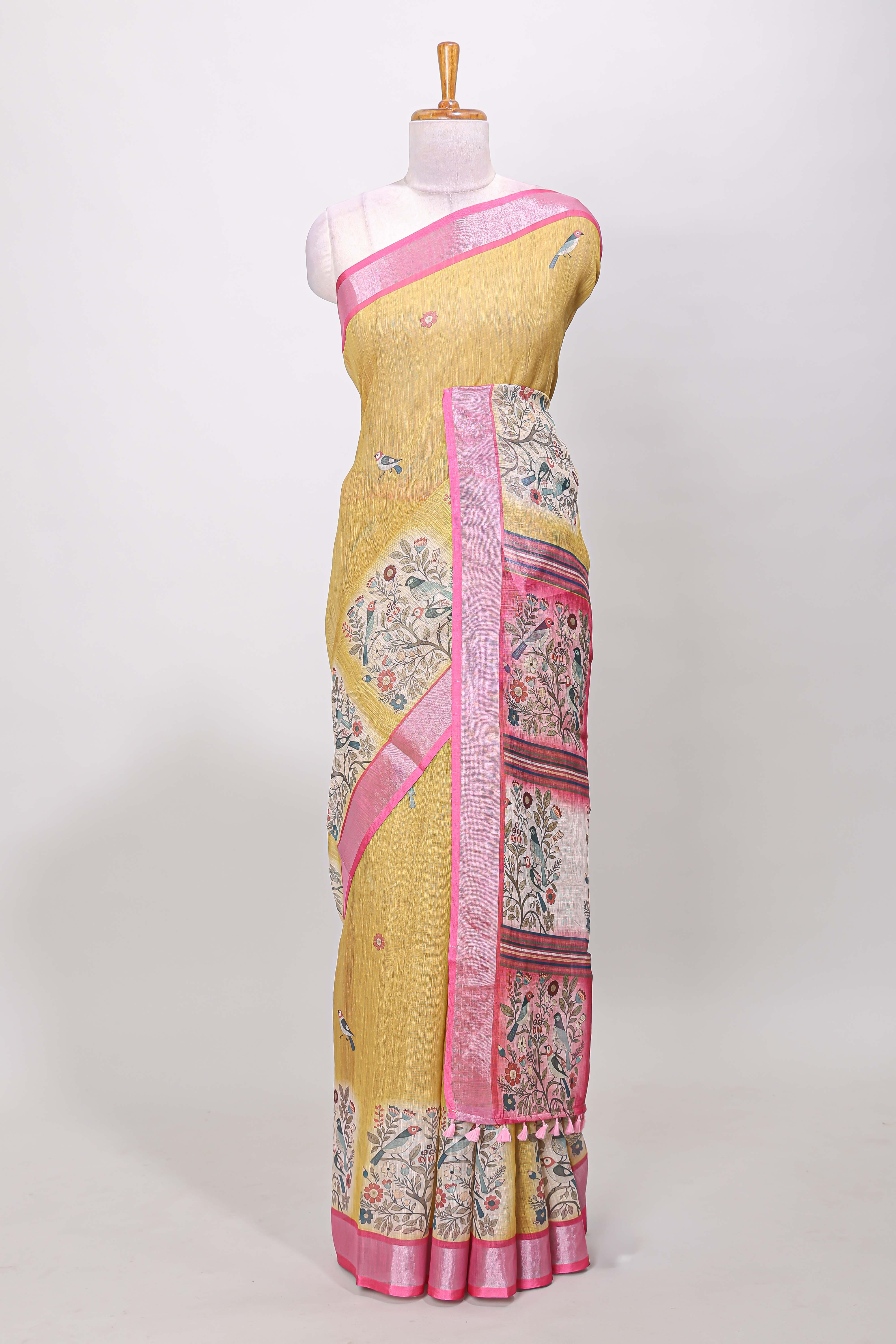 Mustard floral motif linen saree