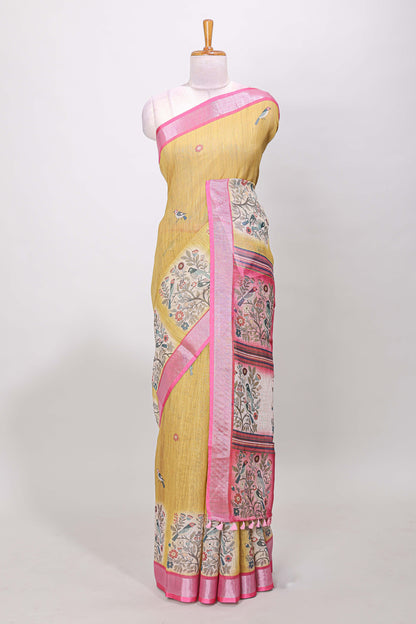 Mustard floral motif linen saree