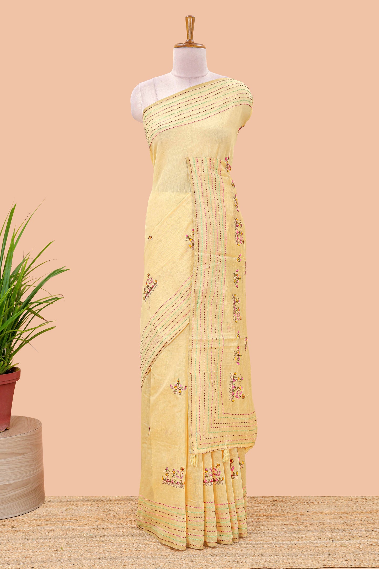 Mustard warli art chanderi saree