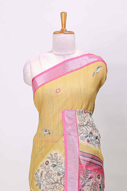 Mustard zari border linen saree