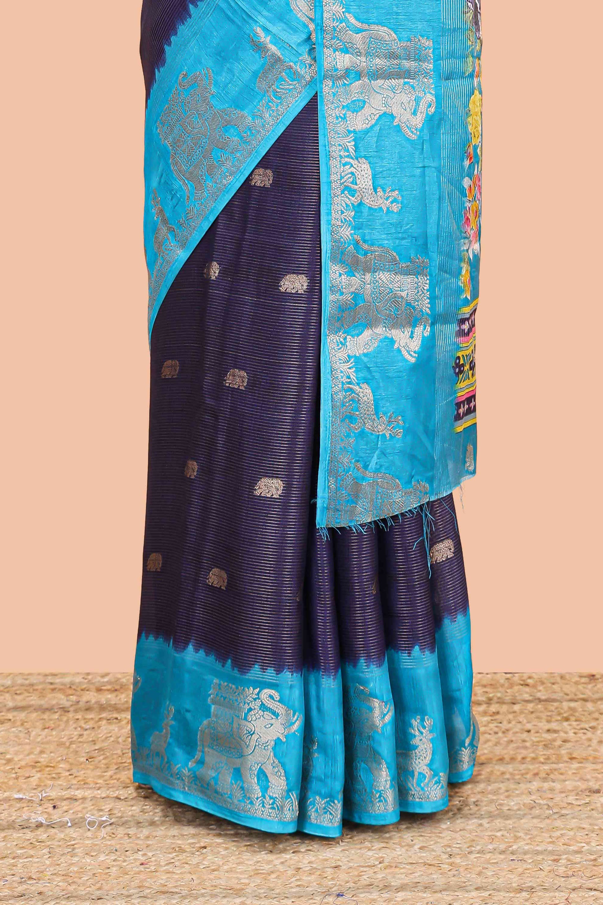 Navy blue dola silk traditional saree