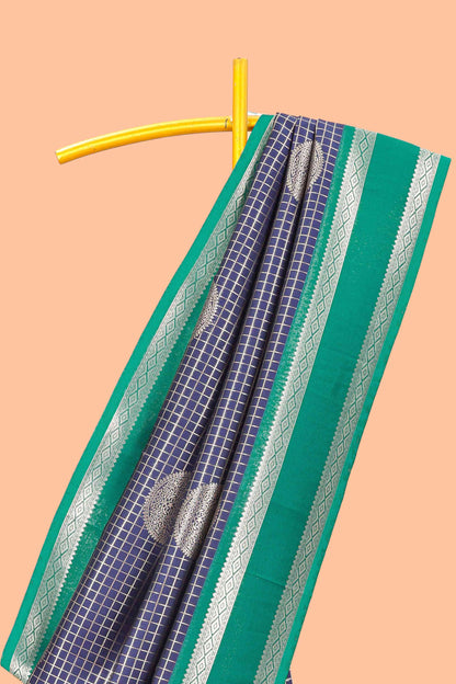Navy blue semi soft silk bentex border saree
