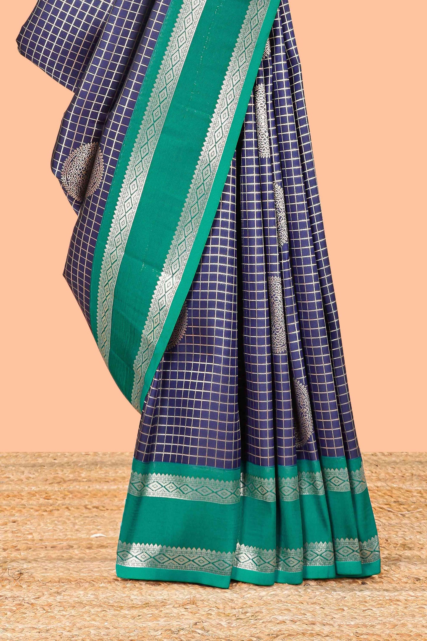 Navy blue semi soft silk grand pallu saree